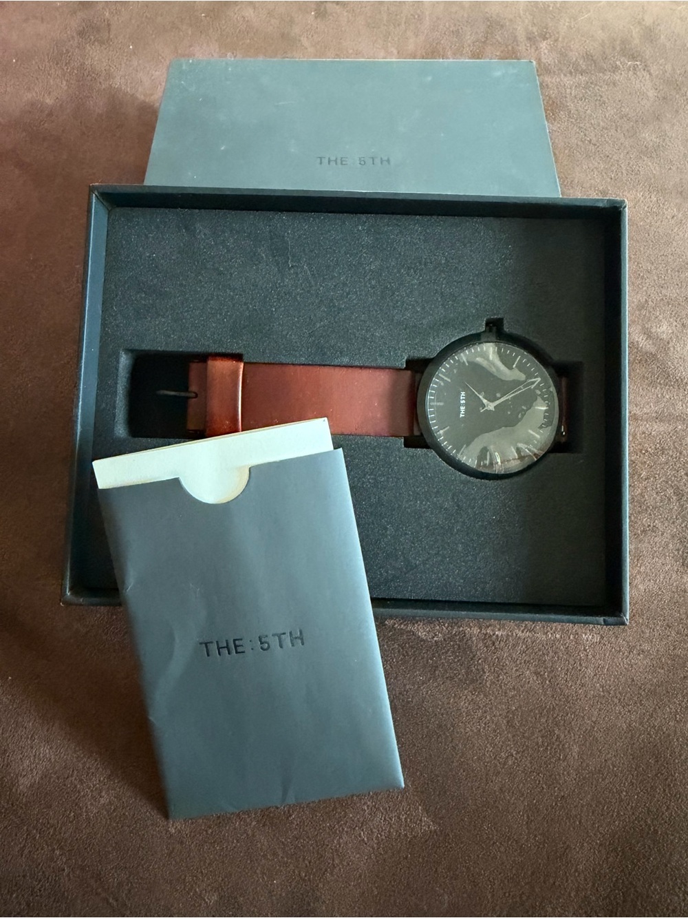 The 5TH Minimalist Black Dial Watch with Brown Leather Strap
